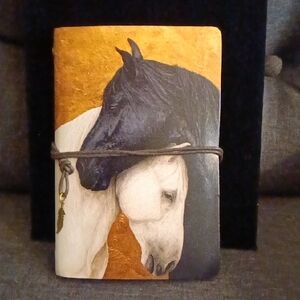 #122 Elegant Horse-Themed Notebook with Gold and Black Pleather Cover